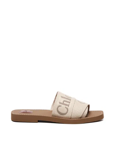 Chloé Woody Linen Flat Sandals In Neutral