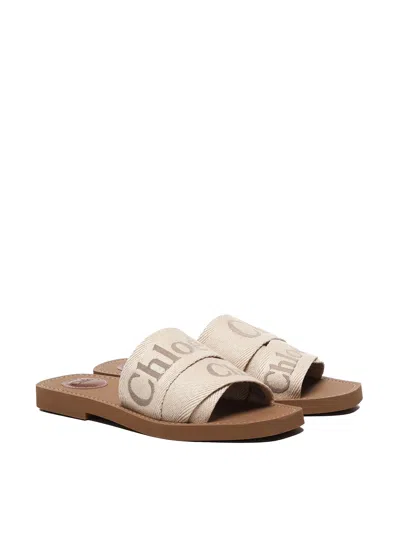 Chloé Woody Linen Flat Sandals In Neutral