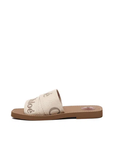 Chloé Woody Linen Flat Sandals In Neutral