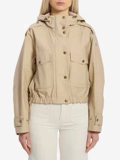 Moncler Carex Cropped Hooded Cotton-blend Poplin Jacket In Neutral
