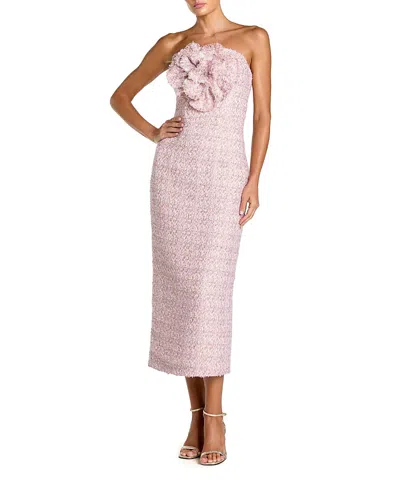 Mac Duggal Boucle Strapless Midi Dress With 3d Flower In Pink