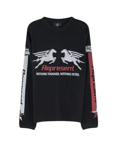 Represent Long Sleeve Crew Neck Graphic Text T-shirt In Black