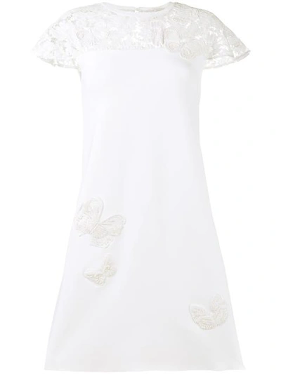 Valentino Butterfly Lace-yoke Cap-sleeve Dress In Ivory