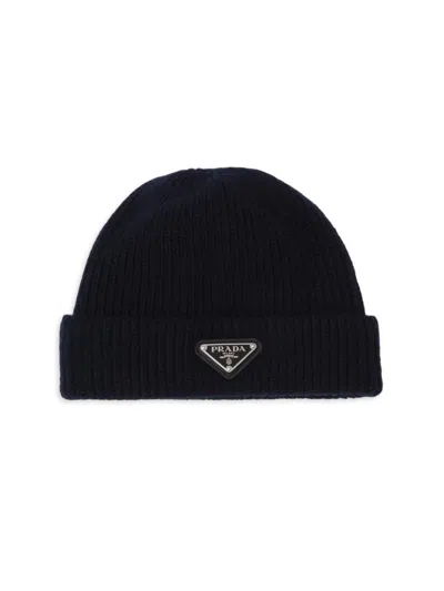 Prada Mens Blue Brand-plaque Cashmere And Wool-blend Beanie Hat In Black
