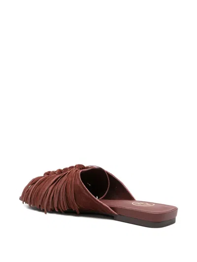 Ash Brigitte Suede Leather Fringe Flat Mules In Brown