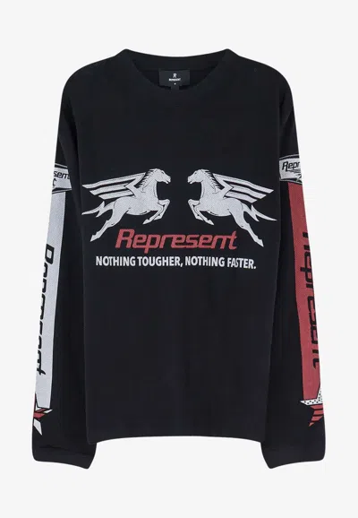 Represent Long Sleeve Crew Neck Graphic Text T-shirt In Black