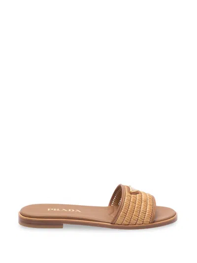 Prada Triangle Logo Raffia Flat Slide Sandals In Brown