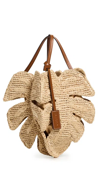 Staud Palm Leather-trimmed Raffia Top-handle Bag In Brown