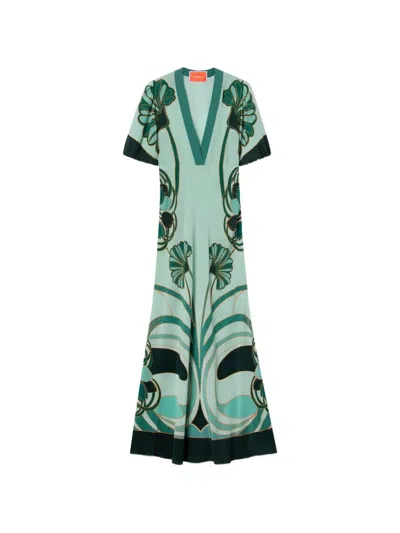 La Doublej Marlene Satin-trimmed Printed Silk-crepe Midi Dress In Blue