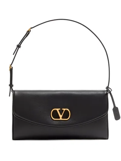 Valentino Devain Leather Shoulder Bag With Metal Vlogo Signature In Black