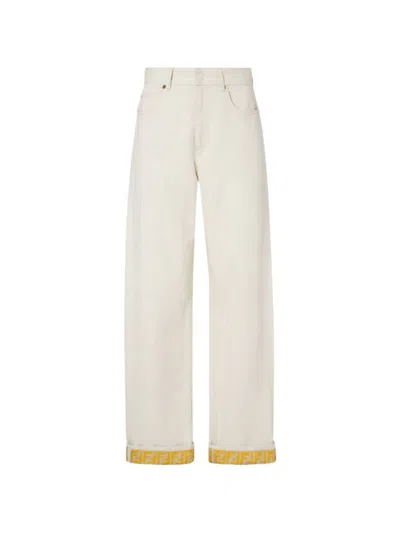 Fendi Ff Reverse Denim Jeans Belt Loops In Beige