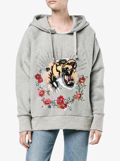 Shop Gucci Tiger Embroidered Hooded Sweatshirt