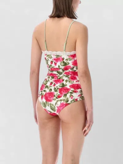 Chloé Bow-detailed Ruched Lace-trimmed Floral-print Swimsuit In Multi