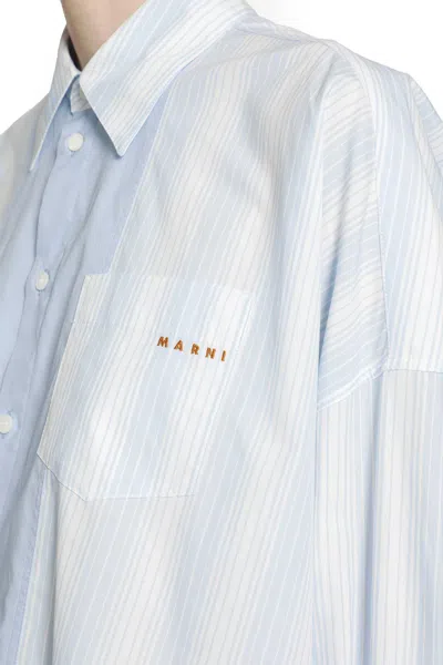 Marni Cotton Poplin Pinstriped Patchwork Shirt In Blue