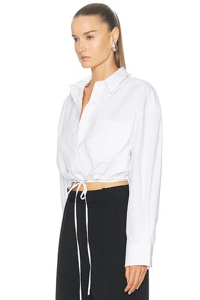 Alexander Wang Crystal Stud Crop Drawstring Waist Cotton Button-up Shirt In White