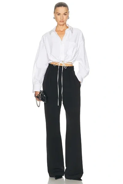 Alexander Wang Crystal Stud Crop Drawstring Waist Cotton Button-up Shirt In White