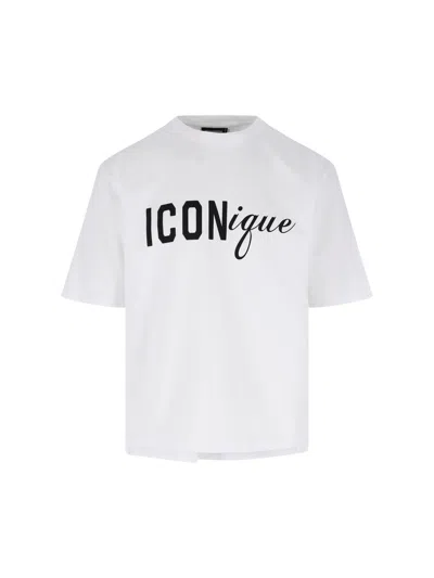 Dsquared2 Men White Crew Neck T-shirt With Raised Collar And Maxi Logo On The Front In Cotton Man In White