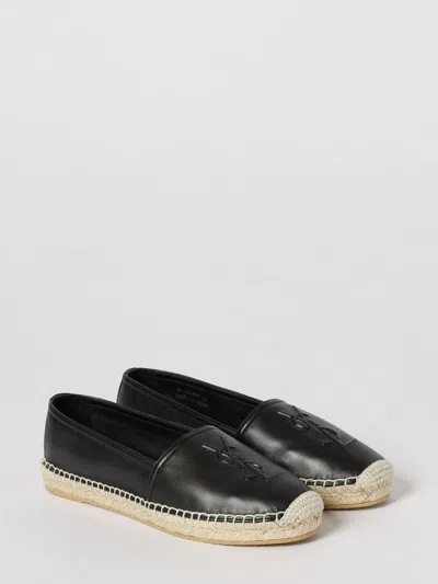 Saint Laurent Logo Leather Espadrilles Flat Shoes Black In Black