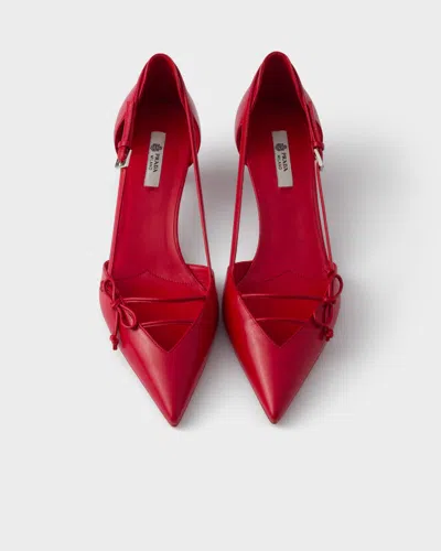 Prada Open-side Leather Pumps With Bow Detail And 4.5cm Heel In Red