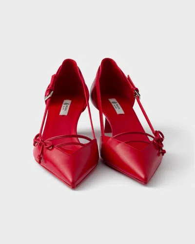 Prada Open-side Leather Pumps With Bow Detail And 4.5cm Heel In Red