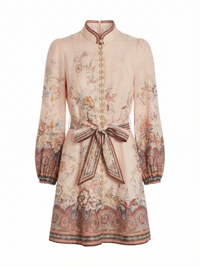 Zimmermann Womens Pink Paisley Alchemy Belted Floral-print Linen Mini Dress In Multi