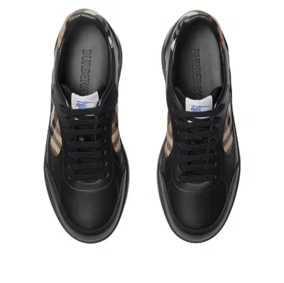 Burberry Men Leather Sneakers With Traditional Check Inserts In Black