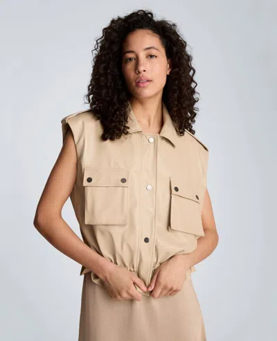 Kenneth Cole Faux Leather Snap Front Jacket With Drawcord Waist In Neutral