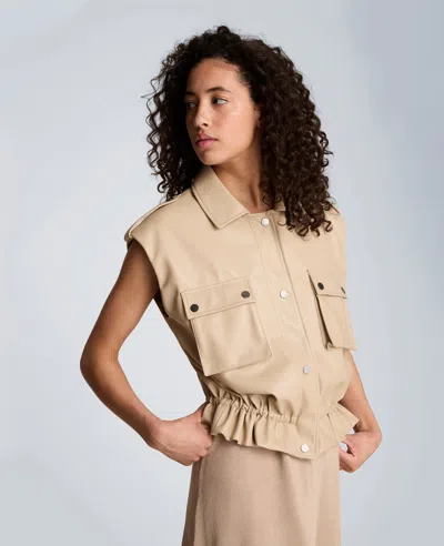 Kenneth Cole Faux Leather Snap Front Jacket With Drawcord Waist In Neutral