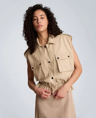 Kenneth Cole Faux Leather Snap Front Jacket With Drawcord Waist In Neutral