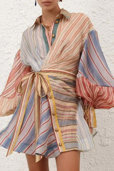 Zimmermann Rebellion Multicolor Midi Dress With Bow Detail On The Front And All-over Striped Motif In Linen And In Multi