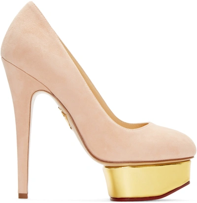 Shop Charlotte Olympia Pink Suede Platform Dolly Heels