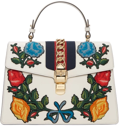 Gucci Sylvie Medium Chain-embellished Appliquéd Leather Tote In White/multi