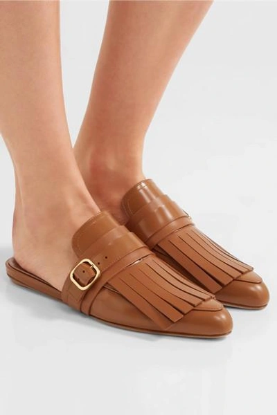 Shop Marni Fringed Glossed-leather Slippers