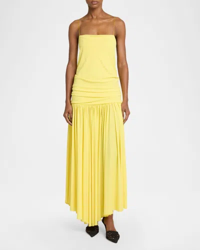 Jacquemus Yellow Dress With Straight Neckline And Gathered Waist In Tech Fabric Woman In Yellow