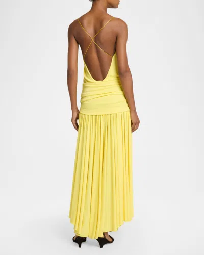 Jacquemus Yellow Dress With Straight Neckline And Gathered Waist In Tech Fabric Woman In Yellow