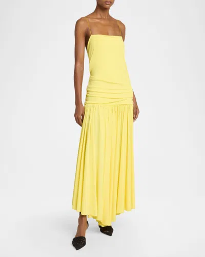 Jacquemus Yellow Dress With Straight Neckline And Gathered Waist In Tech Fabric Woman In Yellow