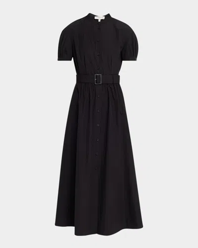 Lafayette 148 New York Puff Sleeve Belted Cotton Poplin Shirt Dress In Black