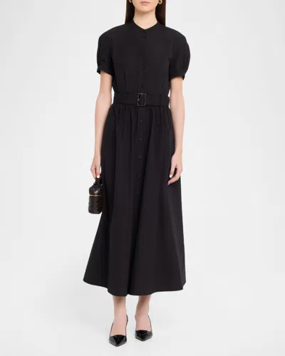 Lafayette 148 New York Puff Sleeve Belted Cotton Poplin Shirt Dress In Black