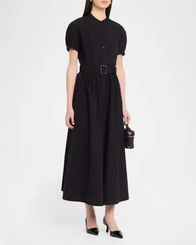 Lafayette 148 New York Puff Sleeve Belted Cotton Poplin Shirt Dress In Black