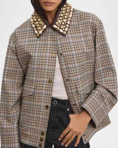 Veronica Beard Kasper Plaid-pattern Embellished-collar Jacket In Brown