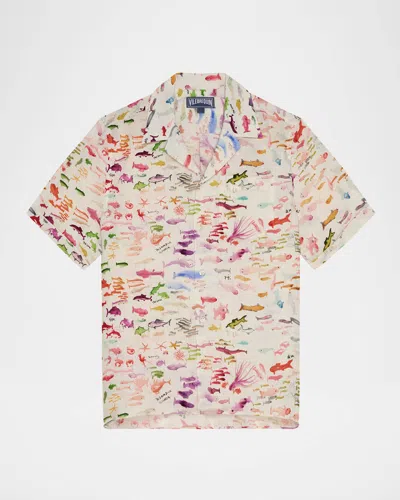 Vilebrequin Vbq X Fabrice Hyber Pescador Linen Bowling Shirt In White