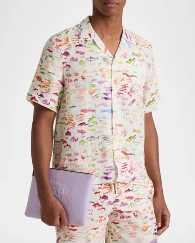 Vilebrequin Vbq X Fabrice Hyber Pescador Linen Bowling Shirt In White
