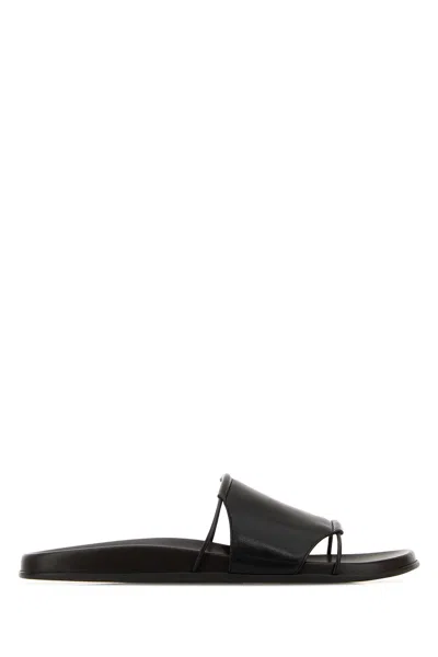 The Row Vivienne Leather Slippers Open Toe Flat Sole In Black
