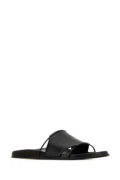 The Row Vivienne Leather Slippers Open Toe Flat Sole In Black