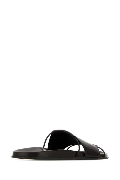 The Row Vivienne Leather Slippers Open Toe Flat Sole In Black