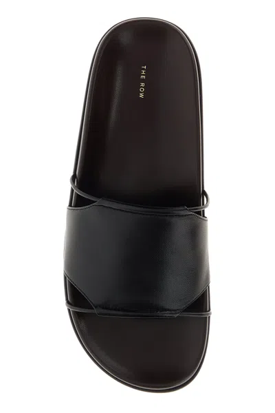 The Row Vivienne Leather Slippers Open Toe Flat Sole In Black