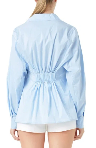 Endless Rose Elastic Back Detail Cotton Blend Button-up Shirt In Blue