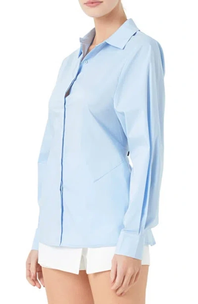Endless Rose Elastic Back Detail Cotton Blend Button-up Shirt In Blue