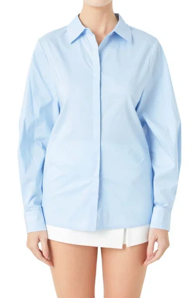 Endless Rose Elastic Back Detail Cotton Blend Button-up Shirt In Blue