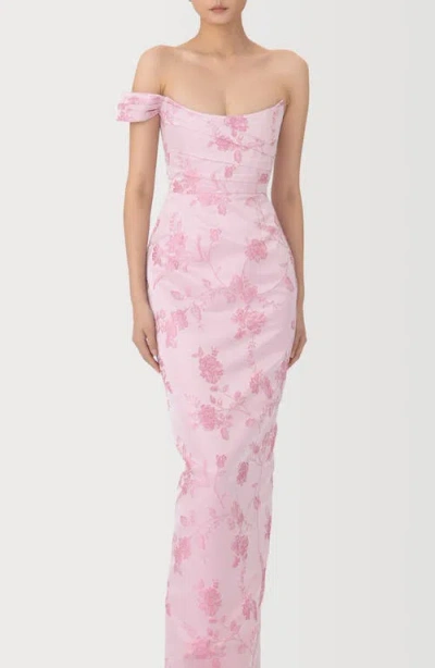 Sau Lee Jackson Metallic Floral Brocade Cateye Strapless Gown In Pink